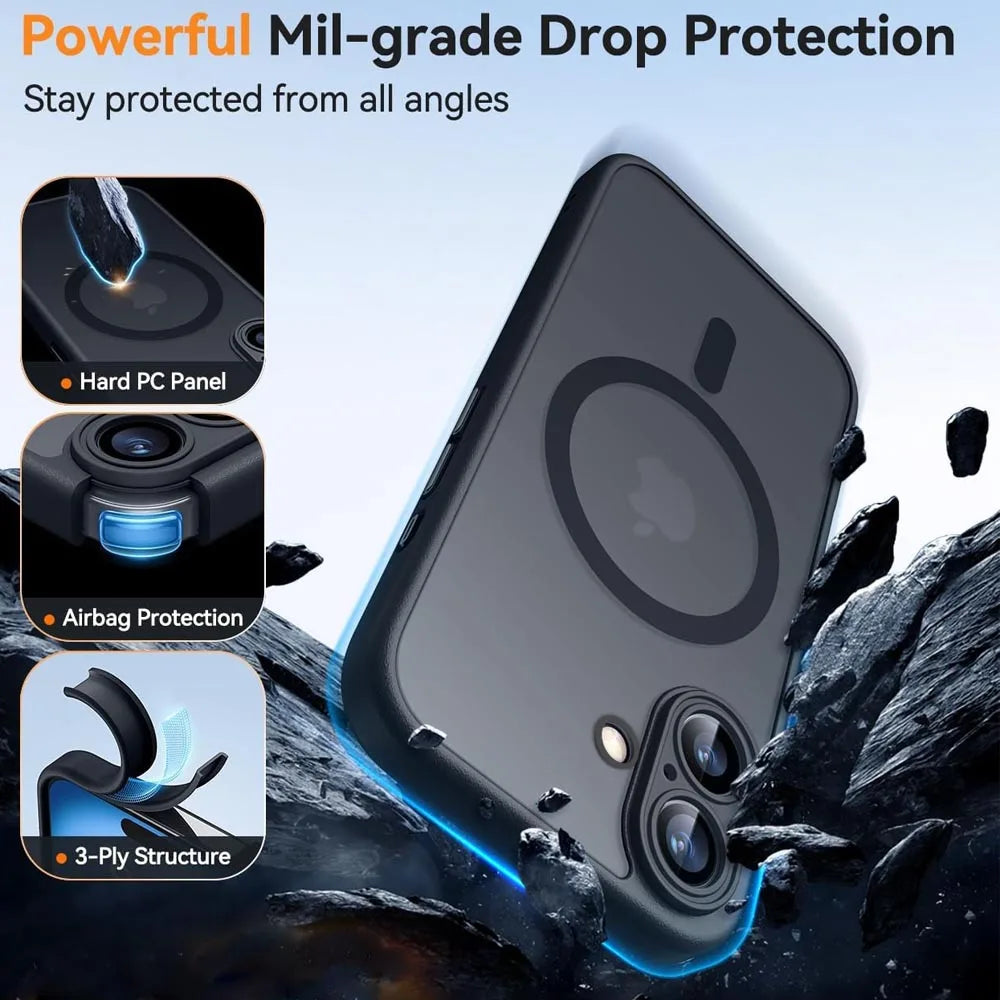 Magnetic Luxury Armor Shockproof Case For iPhone 17 Air 16 15 14 13 12 11Pro Max Magsafe Wireless Charge Matte Translucent Cover