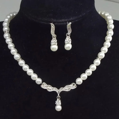 Elegant Necklace Earrings Women Fashion Jewelry Set Faux Pearl Bridal Wedding Alloy Party Studs Necklace Earrings Set
