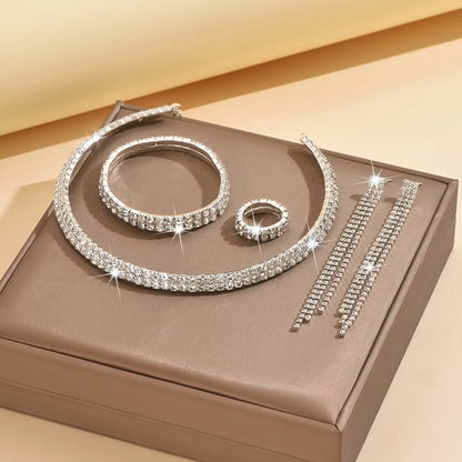 5pcs Luxurious Rhinestone Jewelry Set for Women,Choker, Earrings, Stretch Bracelet & Ring for Weddings, Banquets & Parties
