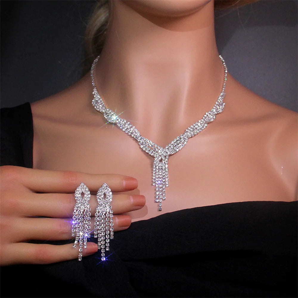 Elegant Women's Jewelry Set Rhinestone Tassel V-Necklace Earrings Zircon Bracelet Bridal Wedding Accessories Party Gift