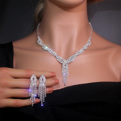 Elegant Women's Jewelry Set Rhinestone Tassel V-Necklace Earrings Zircon Bracelet Bridal Wedding Accessories Party Gift
