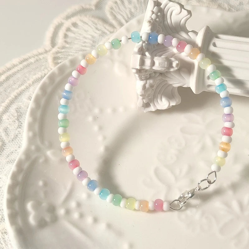 Fresh and Sweet Rainbow Colored Bead Bracelet with Cat's Eye and Rice Bead Design Niche and Versatile Bracelet Accessory Браслет