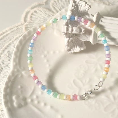 Fresh and Sweet Rainbow Colored Bead Bracelet with Cat's Eye and Rice Bead Design Niche and Versatile Bracelet Accessory Браслет