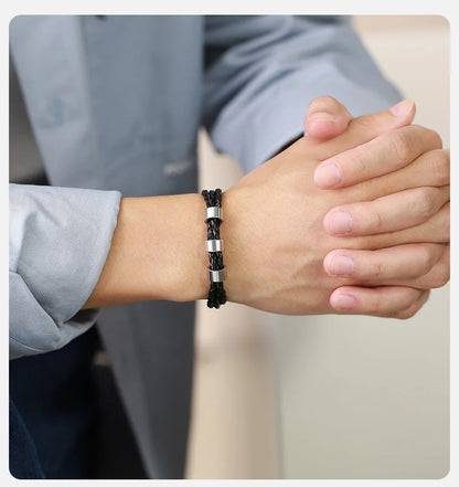 Vnox Free Custom Name Mens Braided Genuine Leather Bracelet Gifts Jewelry,Stainless Steel Beads Charm with Family Names,Dad Gift