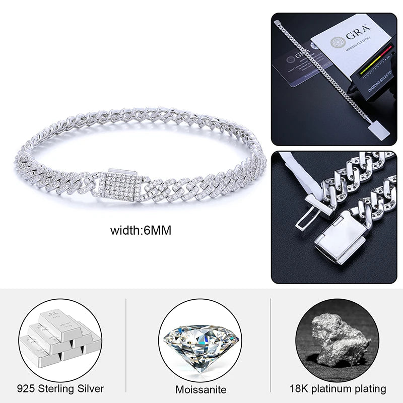TUHE Unisex VVS1 D Color Moissanite 6mm Cuban Chain Bracelet  S925 Silver For Men Hip Hop Jewelry