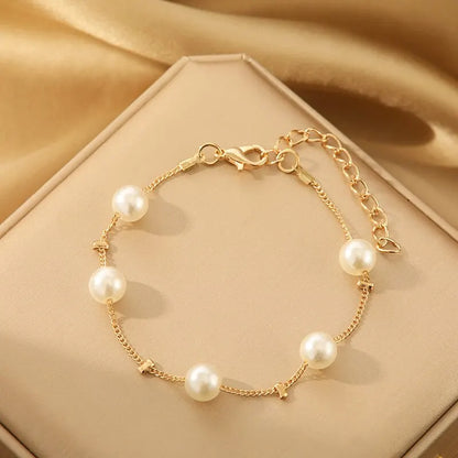 4pcs Gold-color Necklace Earring Bracelet Set Ladies Elegant Imitation-Pearls Collection Temperament Tassel Jewelry