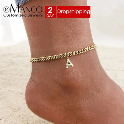 eManco Personalized DIY Accessories Stainless Steel Zirconia Alphabet Customized Women's Anklets Gold-plated Jewelry Wholesale