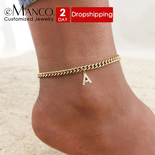 eManco Personalized DIY Accessories Stainless Steel Zirconia Alphabet Customized Women's Anklets Gold-plated Jewelry Wholesale