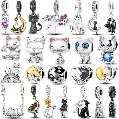 New 925 Sterling Silver Black Cat Charms Beads Fit Pandora 925