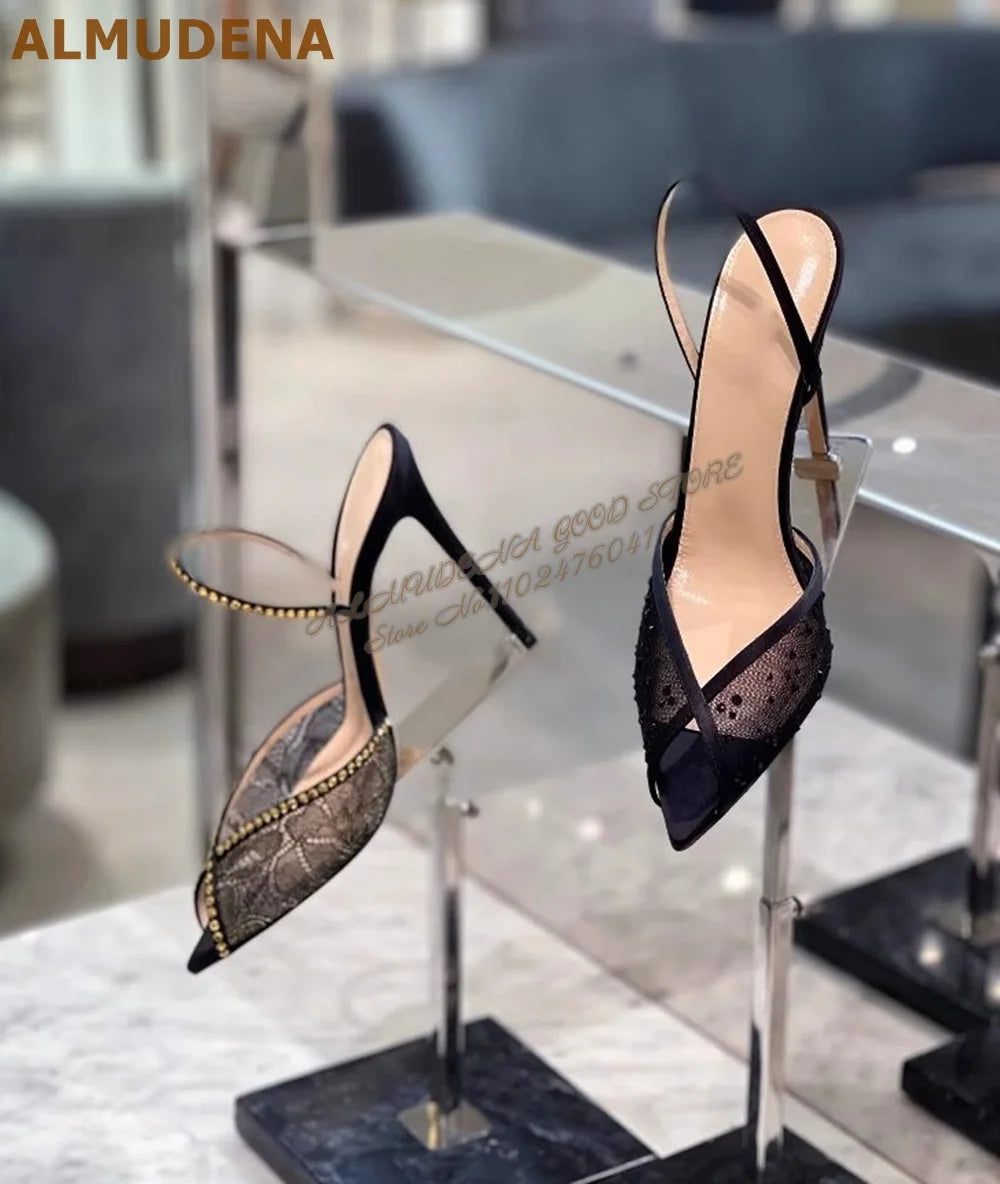 ALMUDENA Lace Flowers Mesh Crystal Sandals Stiletto Heel Pointed Toe Bling Bling Rhinestone Slingback Wedding Shoes Floral Pumps