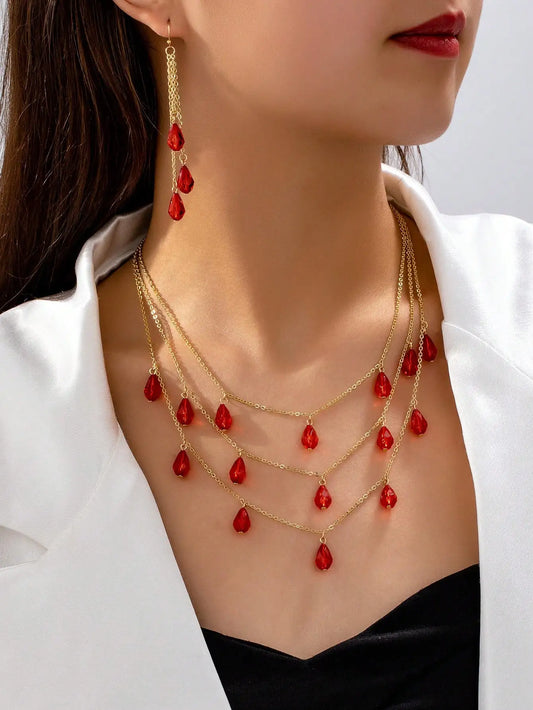 A Set of 3 Pieces of Trendy,  Fashionable, Versatile Women's Earrings and Necklace Set