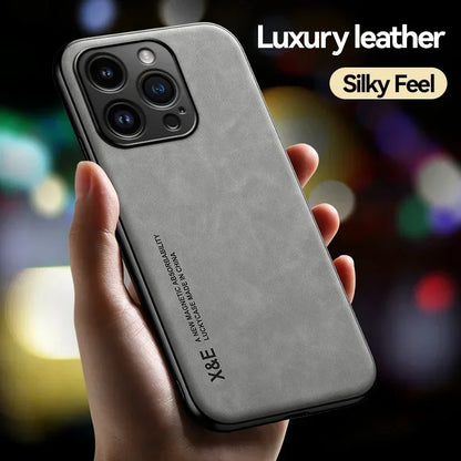 Luxury Leather Case For iPhone 17 16 16e 15 14 13 12 11 Pro Max Plus 12 13 Mini SE 8 7 Cover With Metal Plate Support Car Hold