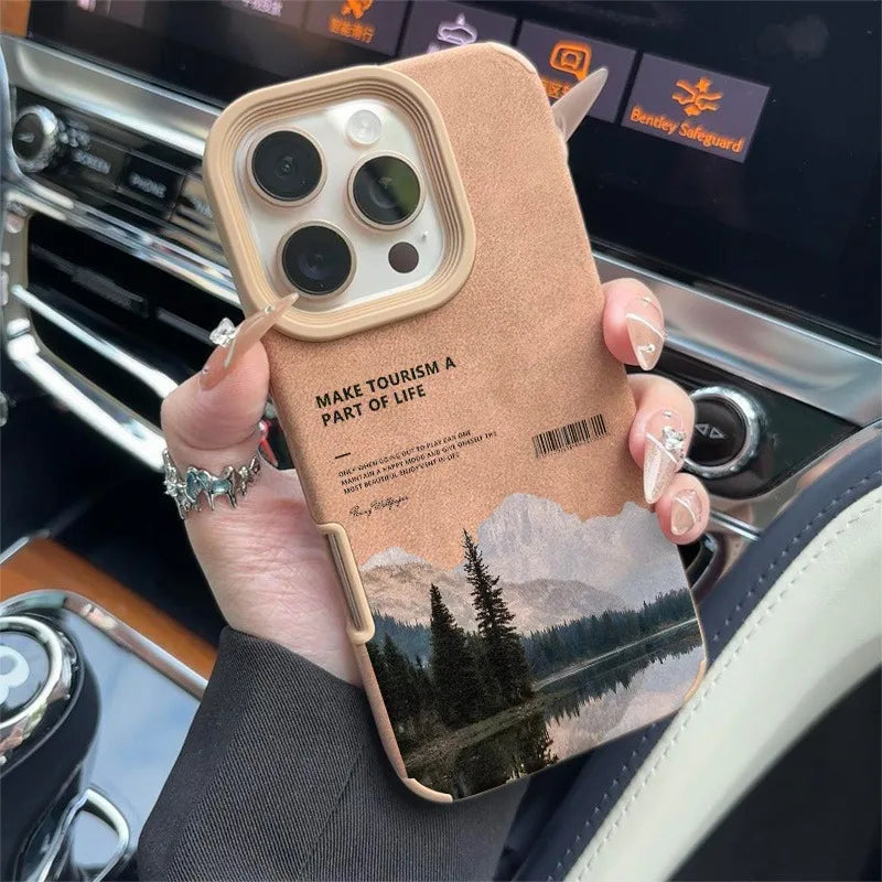 For iPhone 17 16 Pro Max 15 14 13 12 11 Case Mountain Motif Lake Scenery Cover For iPhone XS Max XR X 16 Plus Faux Leather Funda