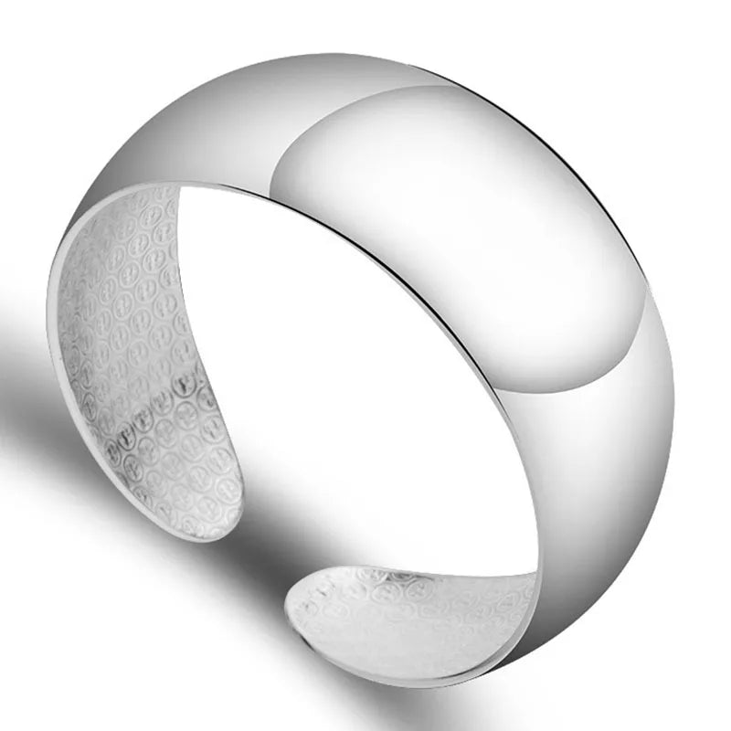 Simple Glossy Talisman 925 Silver Bracelet Women's Ethnic Style Fashion Wide Bracelet Open Stacked Jewelry