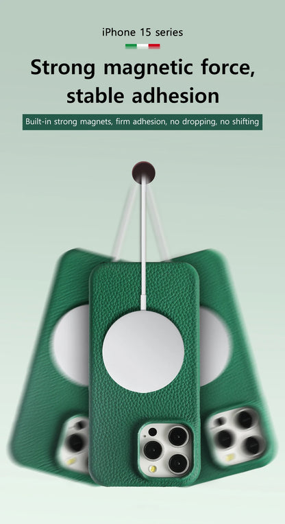 for Magsafe Case for iPhone 17 15 16 Pro Max Air 17Pro Natural Cowhide Lychee Leather Magnetic Protector Luxury Phone Back Cover