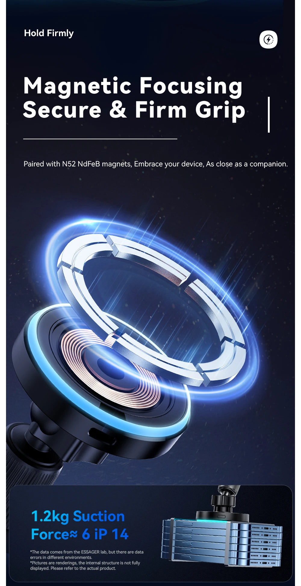 Essager Magnetic Wireless Charger Car Phone Holder 15W RGB Seven Color Light Fast Charging Mount Stand For IPhone15 14 13Android