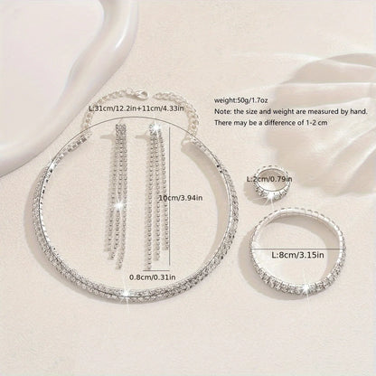 5pcs Luxurious Rhinestone Jewelry Set for Women,Choker, Earrings, Stretch Bracelet & Ring for Weddings, Banquets & Parties