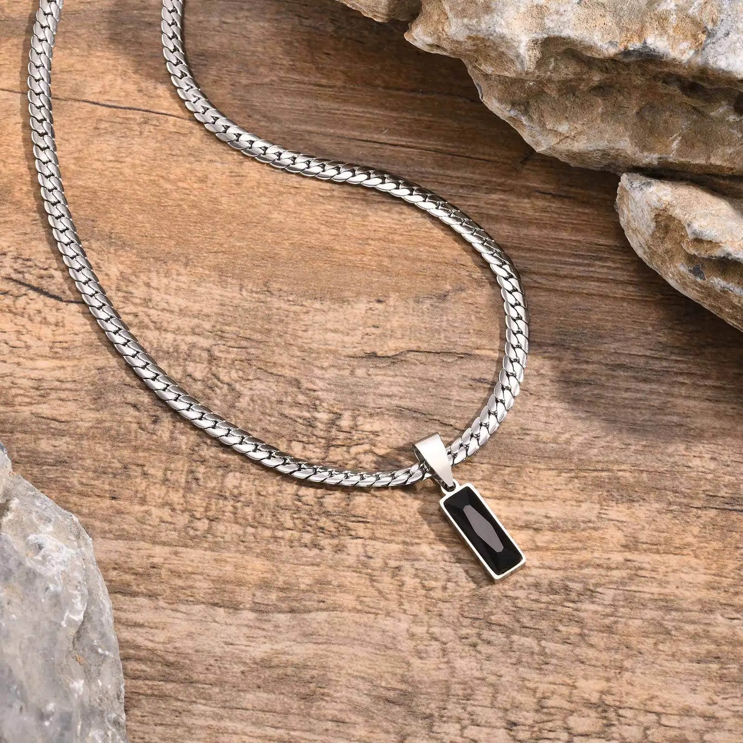 Stylish Mens Geometric Stone Pendent Necklaces,Stainless Steel Flat Cuban Chain Collars,Hip Hop Jewelry Gifts for Him Boys