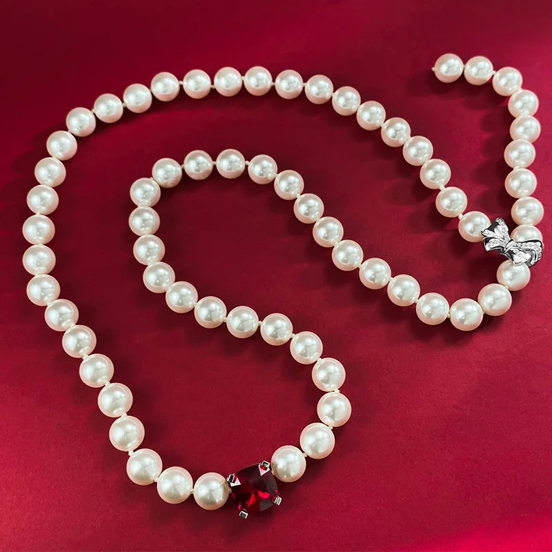 Red Jewel Bow Statement Freshwater Pearl Women Wedding And Engagement Necklace Sterling Silver 925 Luxury Jewellery For Wom
