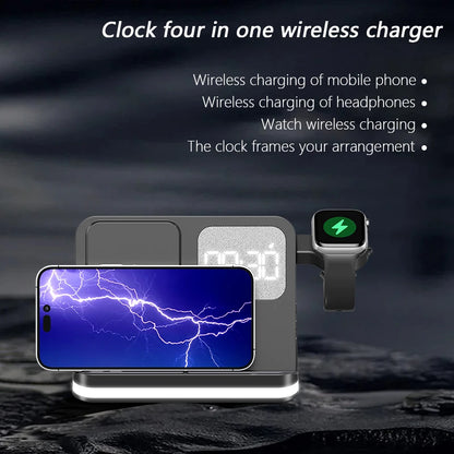 Mobile wireless charger, headphones, and watches can both be charged with clock function