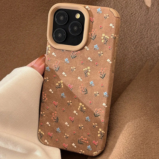 For iPhone 17 Pro Max Case Fashion Vintage Beige Suede Floral Design Cases For iPhone 11 12 13 14 15 16 Pro Max Plus XS XR Cover