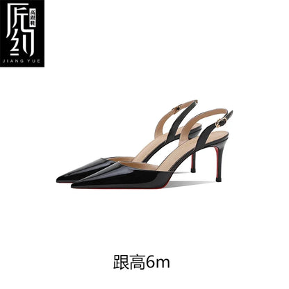 White patent leather toe back empty strap sandals for women, pointed thin heels, shallow mouth, high heels, single shoes