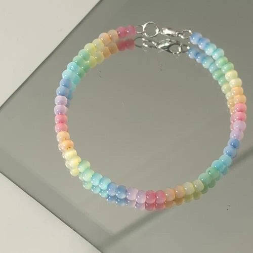 Fresh and Sweet Rainbow Colored Bead Bracelet with Cat's Eye and Rice Bead Design Niche and Versatile Bracelet Accessory Браслет
