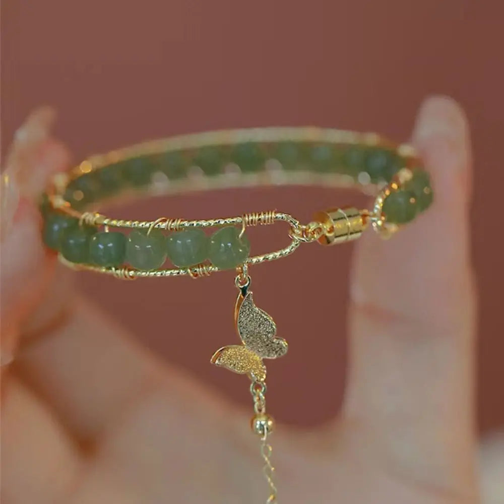 Round Jade Beaded Bracelet For Women Magnetic Bangle Butterfly Pendant Hand Chain Girls Exquisite Emerald Jewelry Birthday Gift