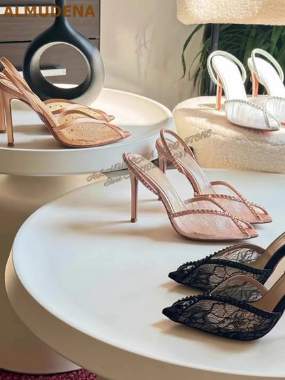 ALMUDENA Lace Flowers Mesh Crystal Sandals Stiletto Heel Pointed Toe Bling Bling Rhinestone Slingback Wedding Shoes Floral Pumps