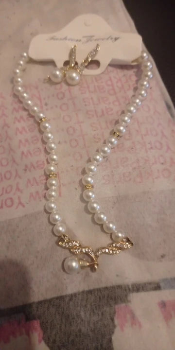 Women's 2 Piece Jewelry Sets One Gold Color Necklace + 1 Pair Earrings Wedding Bridal Pearl Elegant Decoration Pendientes Gifts