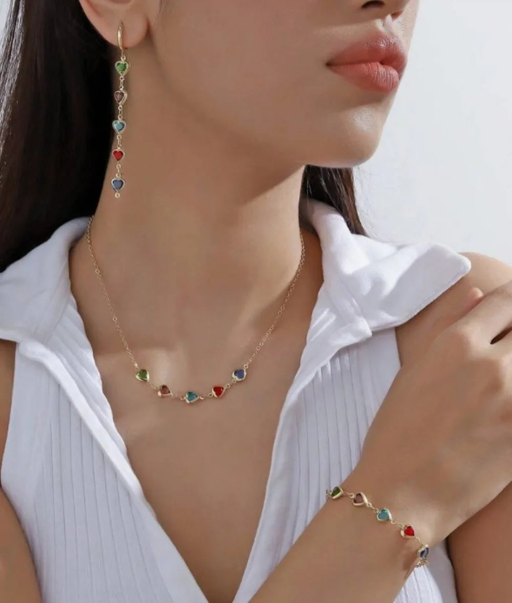 3Pcs Jewellery Set Elegant Colorful Crystal Heart Necklaces Bracelets Earrings for Women Party Wedding Girl Wrist Jewelry Gift