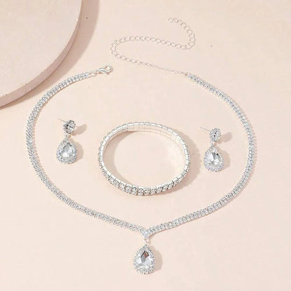 4 Pieces Luxurious Jewelry Set Exquisite Rhinestone Pendant Elegant Women's Crystal Silver Plated Necklace Earrings Bracelet Set
