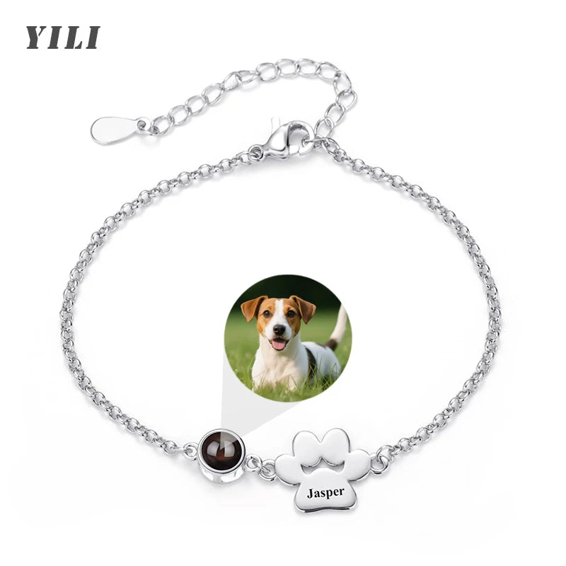 Custom Photo Projection Name Bracelets Personalized Picture Dog Cat Paw Charm Custom Name Text Pet Jewelry Gifts for Women
