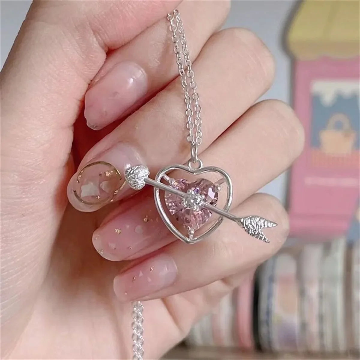 Fashion Fairy Pink Crystal Bow Knot Pendant Necklaces Y2K Girls Sweet Rhinestone Heart Clavicle Chain Women Jewelry Gifts