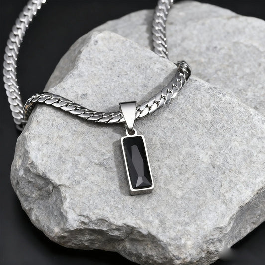 Stylish Mens Geometric Stone Pendent Necklaces,Stainless Steel Flat Cuban Chain Collars,Hip Hop Jewelry Gifts for Him Boys