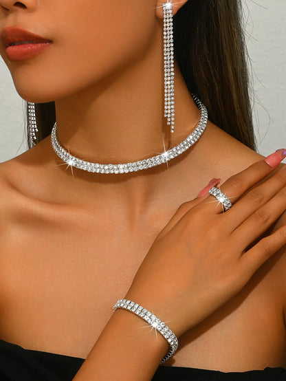 5pcs Luxurious Rhinestone Jewelry Set for Women,Choker, Earrings, Stretch Bracelet & Ring for Weddings, Banquets & Parties