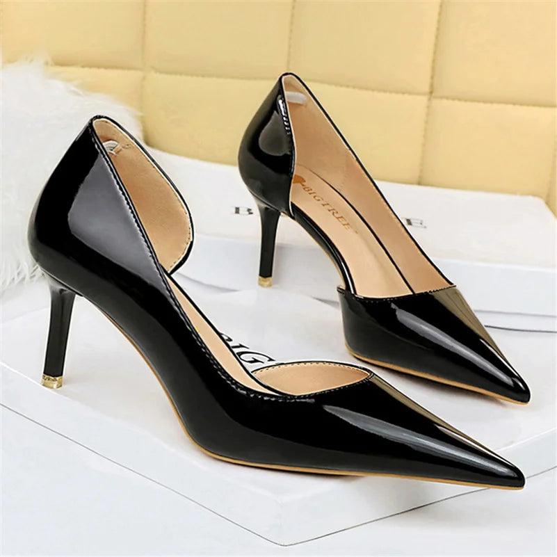 Women 7.5cm 10.5cm High Heels Yellow Pumps Office Stiletto Wedding Bridal Scarpins Short Heels Lady Hollow Party Shoes