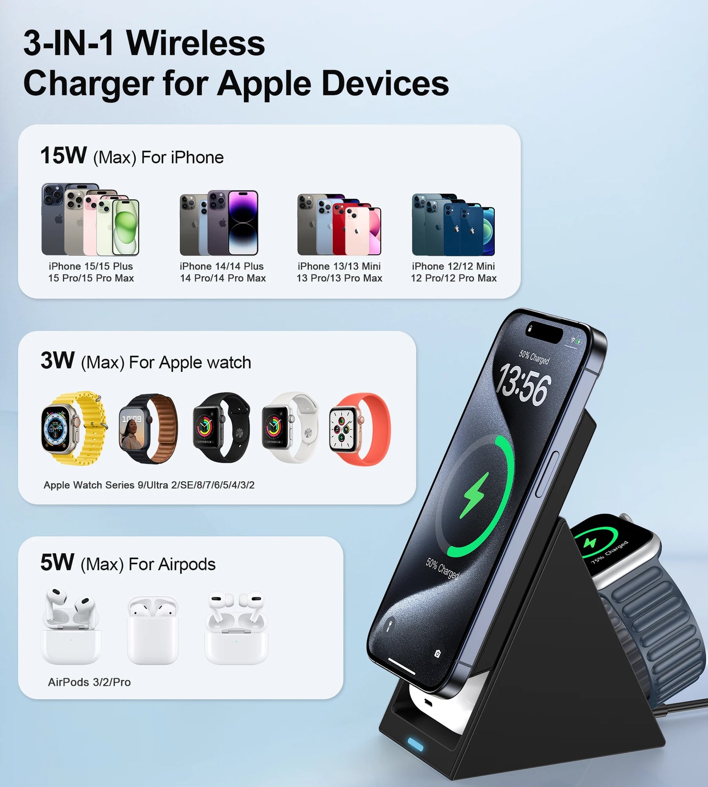 15W Wireless Fast Charging Stand Three-in-One Charger for Phone Watch And Earphones Popular Wireless Charging Base