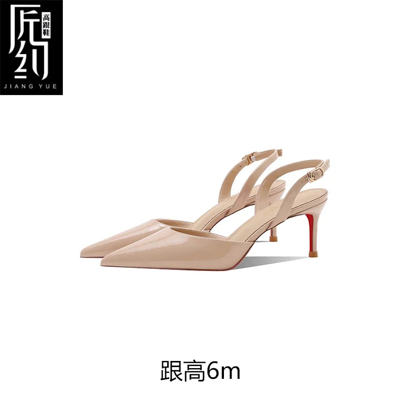 White patent leather toe back empty strap sandals for women, pointed thin heels, shallow mouth, high heels, single shoes