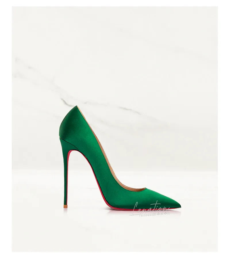2025 Winter New High-heeled Shoes for Women, Green, Real Silk Satin, Thin Heel, Pointed Toe,Elegant,12cm,Single Shoes for Ladies