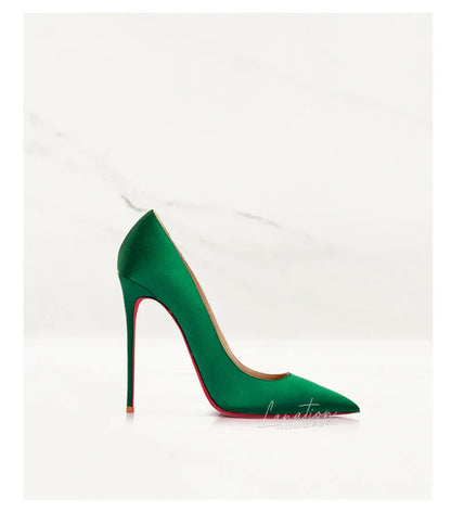 2025 Winter New High-heeled Shoes for Women, Green, Real Silk Satin, Thin Heel, Pointed Toe,Elegant,12cm,Single Shoes for Ladies