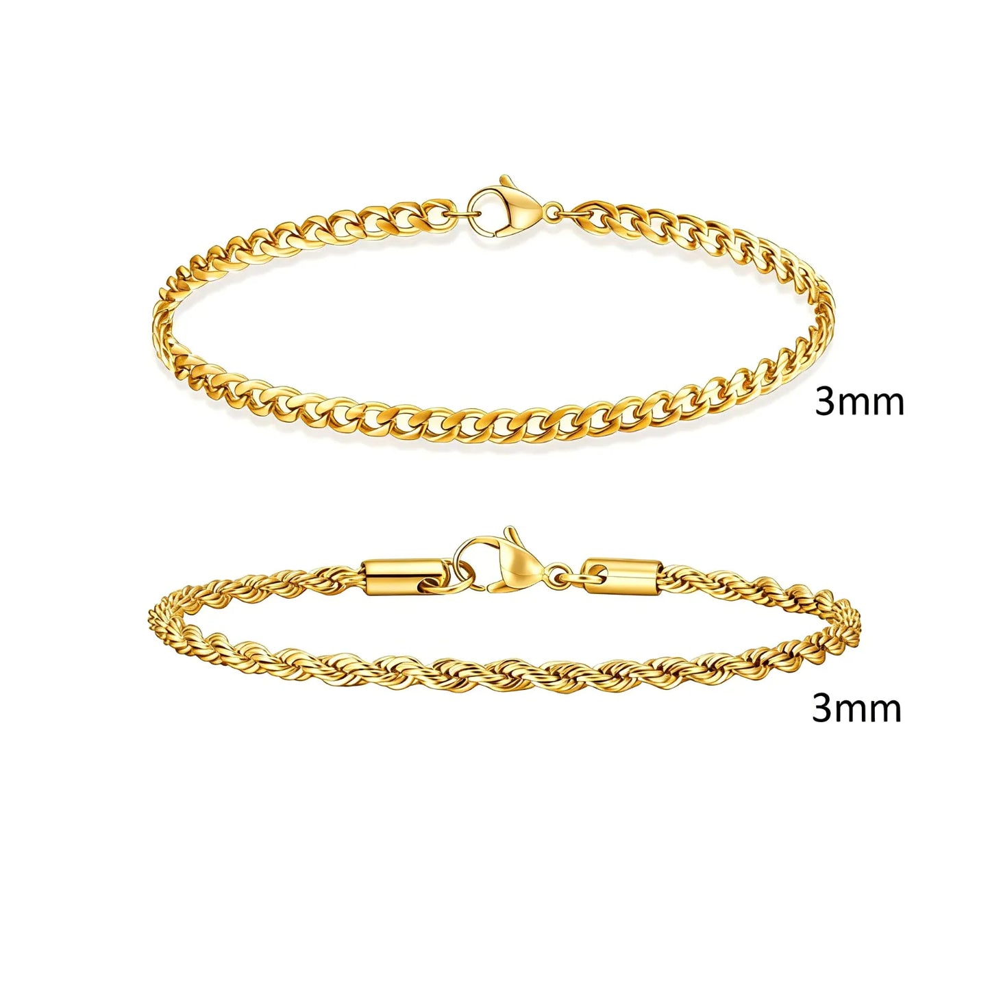 2pcs Men's Chain Bracelets,Stainless Steel Silver Gold Black Color Twist Rope Chain Wristband,Trendy Cuban Link Chains Gift