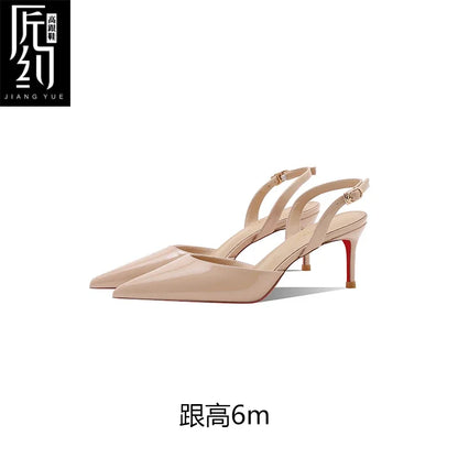White patent leather toe back empty strap sandals for women, pointed thin heels, shallow mouth, high heels, single shoes
