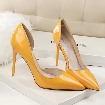 Women 7.5cm 10.5cm High Heels Yellow Pumps Office Stiletto Wedding Bridal Scarpins Short Heels Lady Hollow Party Shoes