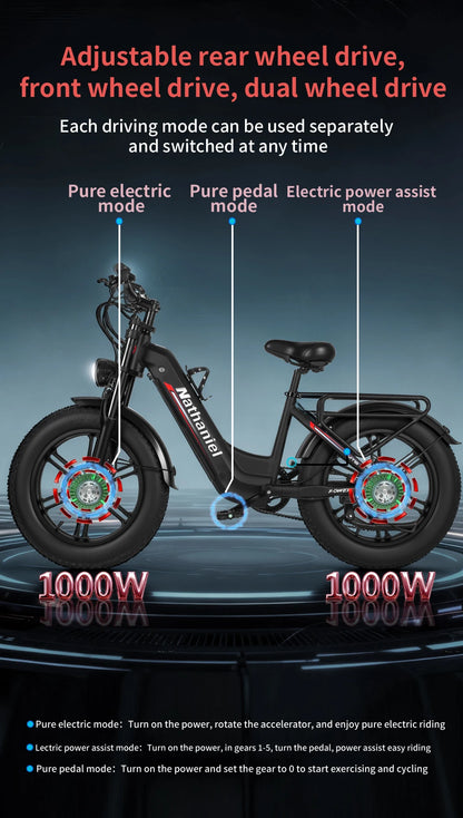 Nathaniel SYR08 2000W Dual Motor E-Bike,20*4.0 Fat Tire,20AH Detachable battery,Speed 50+,Daily commuting, Adult Electric Bike