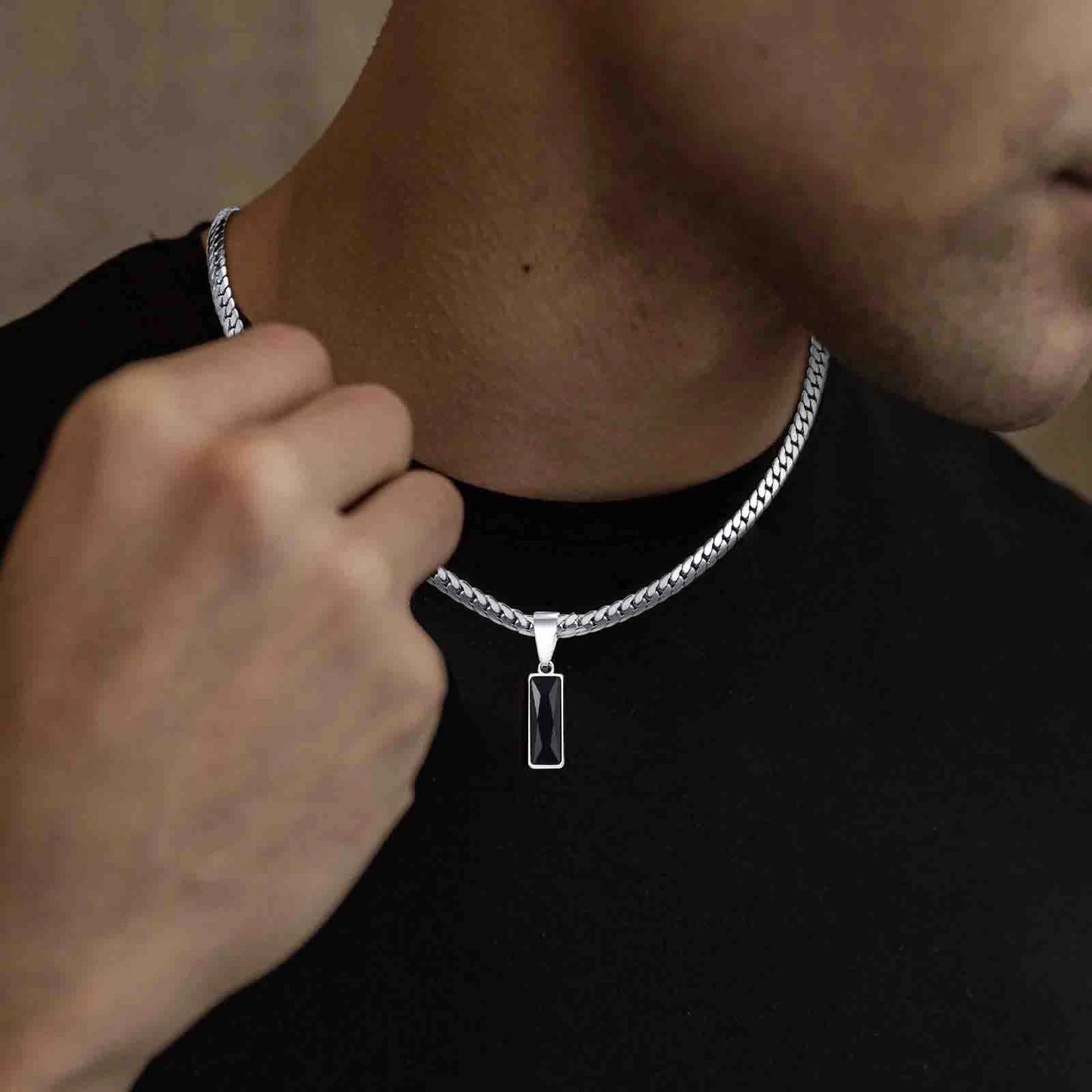 Stylish Mens Geometric Stone Pendent Necklaces,Stainless Steel Flat Cuban Chain Collars,Hip Hop Jewelry Gifts for Him Boys