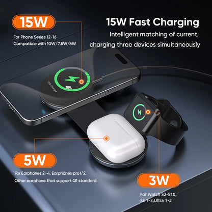 3-in-1 Foldable Magnetic Wireless Charger, 15W Fast Charging, Multi-function Wireless Charging for IPhone, IWatch, Earphones