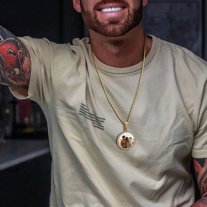 Vnox Free Custom Round Photo Frame Necklaces Gift for Women Men,Big Coin Pendant Zircon Stone Circle,Family Picture Gift to Dad