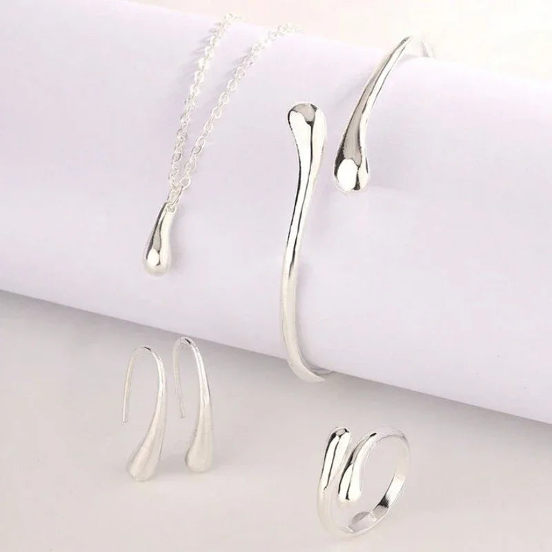 Ladies' Fashion Tear Bead Jewelry Set Gold Ring Necklace Bracelet Earring Four Piece Set Suitable For Engagement Jewelry Gifts