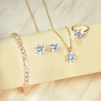 5Pcs Elegant Crystal Jewelry Set Zirconia Ring Necklace Bracelet Earrings Simple Set Jewelry Fashion Versatile Trendy Jewelry